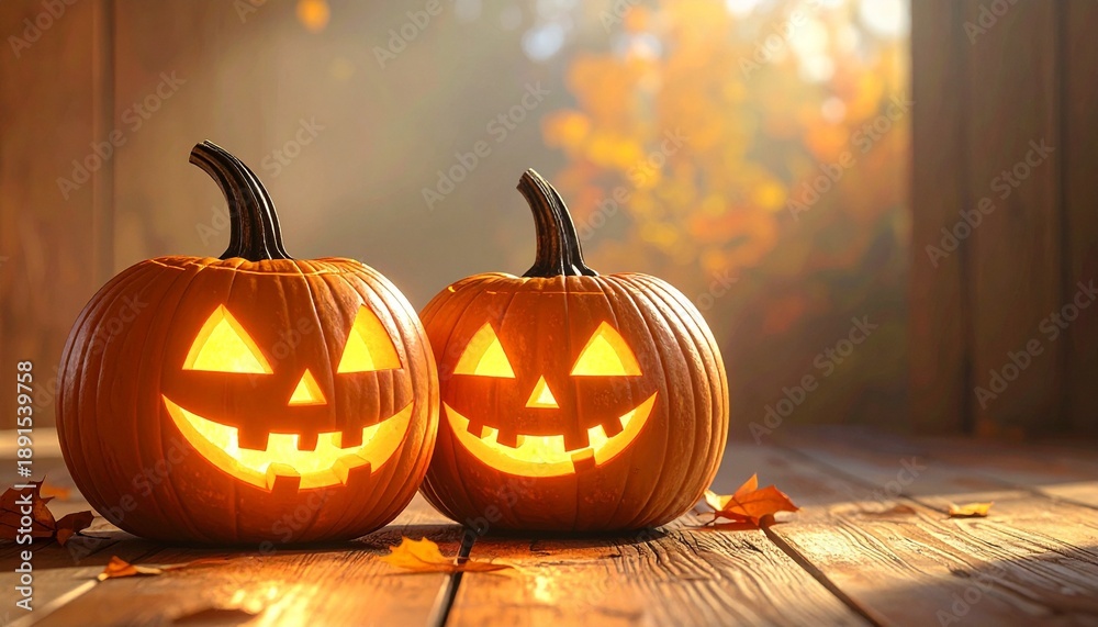 Fototapeta premium Glowing jack-o'-lanterns on wood, warm ambient light, autumn leaves, cozy Halloween indoor decor