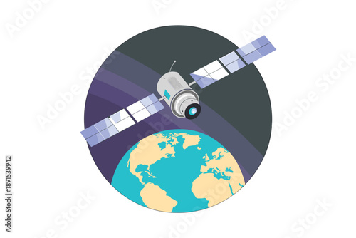 A vector graphic illustration of a satellite orbiting the Earth in space