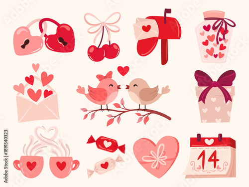 Big set of Valentine's Day clipart elements with love birds, mailbox, cherries, heart locks, sweets, and calendar. Romantic vector collection for stickers, scrapbooking, and holiday DIY design.