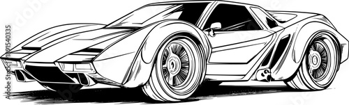 Detailed outline drawing of a retro sports car with large racing wheels and aerodynamic body for automotive design sketch, coloring page, and engineering illustration