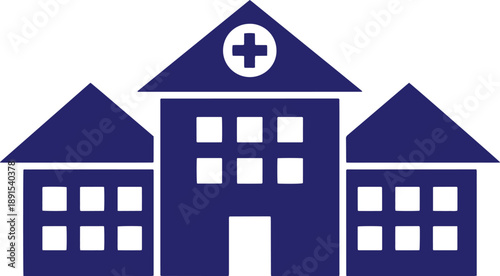 Hospital building icon with medical cross and multiple window tiers