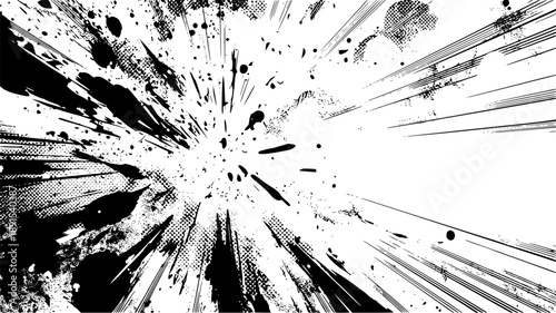 Comic explosion with halftone and speed lines. Explosive black ink splatter comic blast background with dynamic radial speed lines