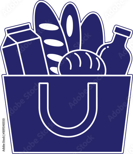Grocery bag filled with bread milk and fresh food products icon set