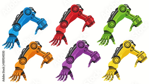 Set of Colorful Robotic Arms, Industrial Automation, Technology Concept