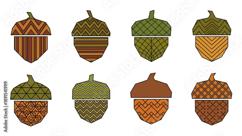 Set of Decorative Acorns with Geometric Patterns in Autumn Colors