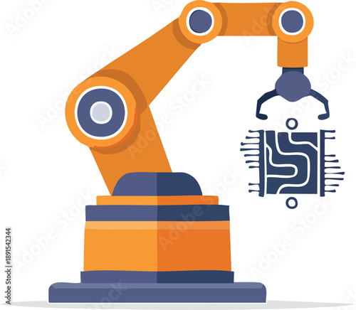 An orange industrial robotic arm holding a blue circuit board, symbolizing automation and technology.