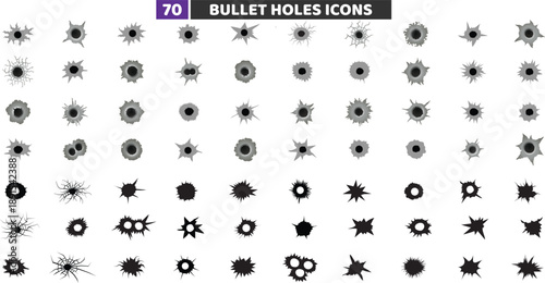 Bullet Holes and Gunshot Cracks Icons Set, Realistic Broken Glass Damage Vector Collection