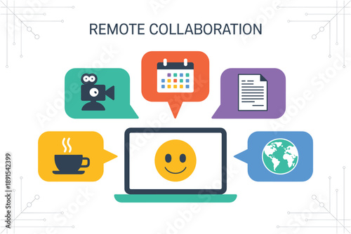 A vector graphic illustration of remote collaboration tools and communication icons around a laptop