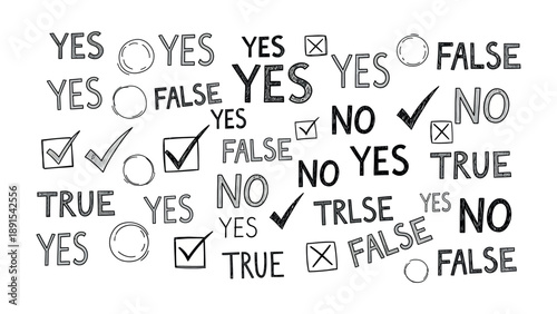 True, False, Yes, No: A dynamic composition of true, false, yes, and no, forming a visually intriguing design.