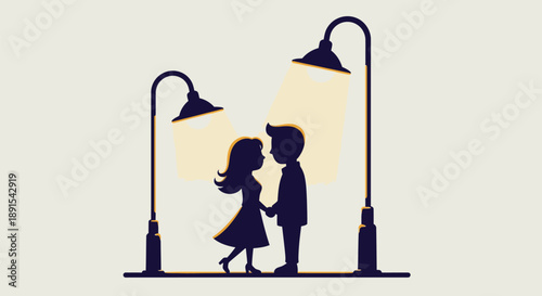 Couple standing under street lamps at night, holding hands, simple illustration