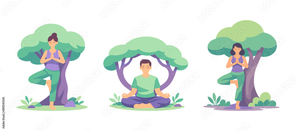 Fototapeta premium Yoga meditation people practicing outdoors under trees. Calm characters in relaxation poses surrounded by nature