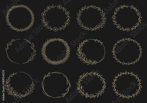 Golden floral wreath collection on dark background. Elegant hand drawn botanical frames in circular shapes