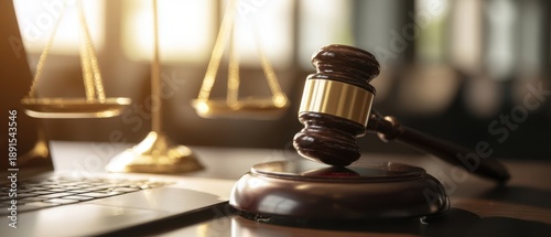 The Gavel and Scales of Justice on a Lawyer's Desk at Sunrise