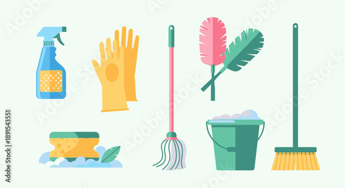 Collection of cleaning supplies and tools arranged neatly for household chores and maintenance tasks.