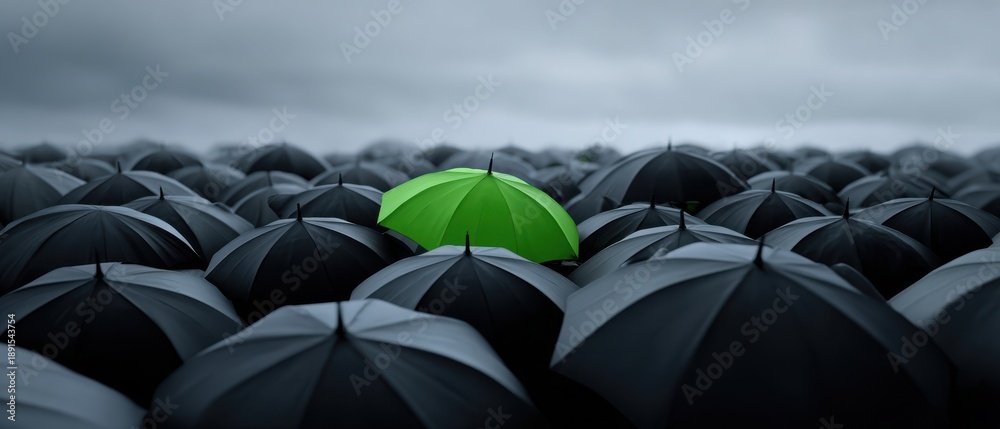 Fototapeta premium The Umbrella in Green Standing Out Among a Sea of Black Umbrellas