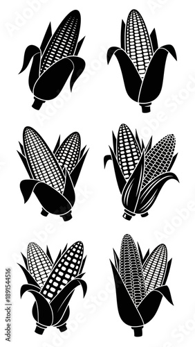 Set of six black and white corn cob icons, stylized vector illustrations