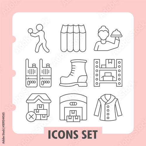 Volleyball player, walkie talkie, warehouse ban simple icons set depicting sports, storage and clothing items in outline style for apps and print on white background. Set of nine thin line icons.