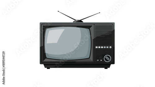 Vintage black and white television set featuring traditional rabbit ear antennas isolated on a solid white background.