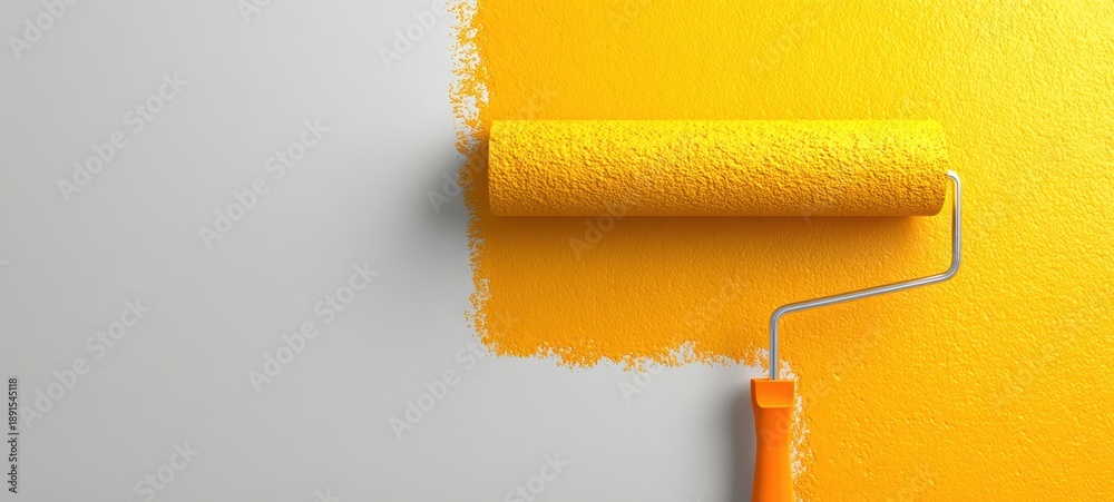 Obraz premium The paint roller applying bright yellow paint to a neutral wall in a clean closeup