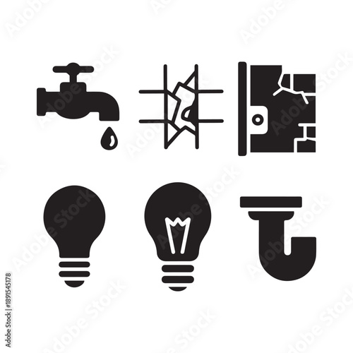Home Repair and Maintenance Utility Icons Representing Plumbing Electrical Services and House Renovation. 