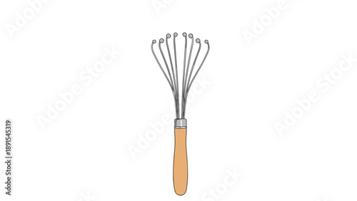 Simple illustration of a kitchen whisk tool featuring a wooden handle and wire loops isolated on a white background.