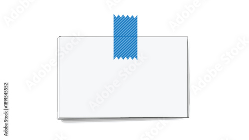 Blank white paper note or rectangular card attached with a piece of blue striped washi tape on a plain background.