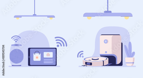 Modern office equipment and devices connected wirelessly in a minimalist workspace