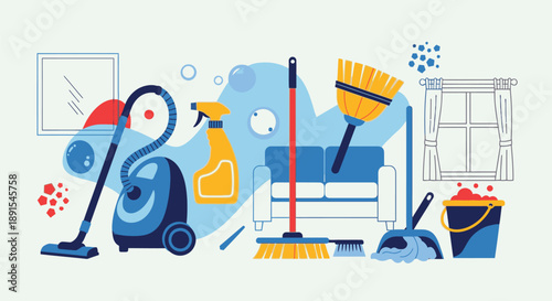 Cleaning supplies and equipment surrounding a sofa, viewed from a top-down perspective in a domestic environment