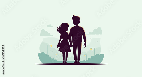 Silhouetted couple standing together in a serene landscape viewed from a slight elevation