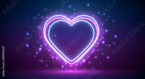 Neon Heart Glow: Vibrant purple and blue glowing heart frame with sparkling light particles, digital synthwave aesthetic, futuristic romantic backdrop, nightlife and energy concept