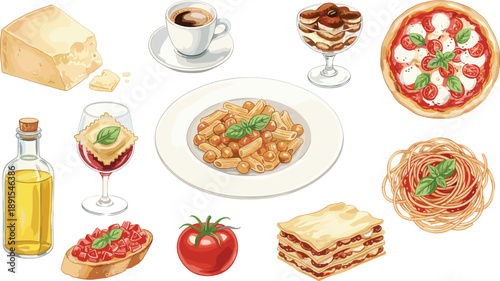 Italian Food and Cuisine Set with Pizza Pasta Lasagna and Espresso for Restaurant Menu and Culinary Design Vector Illustration