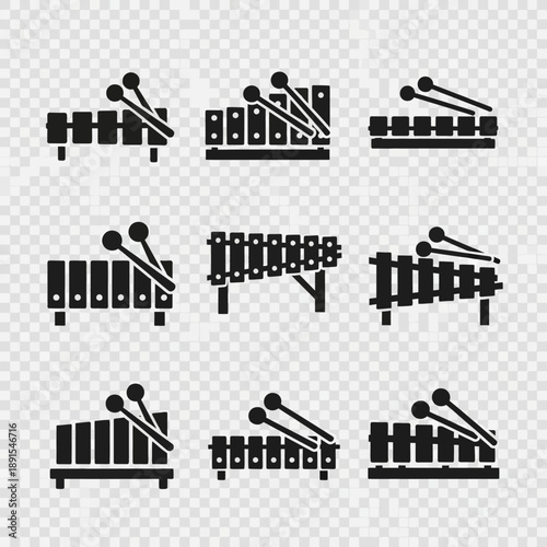 Set of xylophone icons, musical instruments with mallets, black silhouette on transparent background
