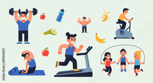 People engaging in various fitness activities and healthy eating surrounded by fruit and exercise equipment in a lively home environment from a straightforward viewpoint