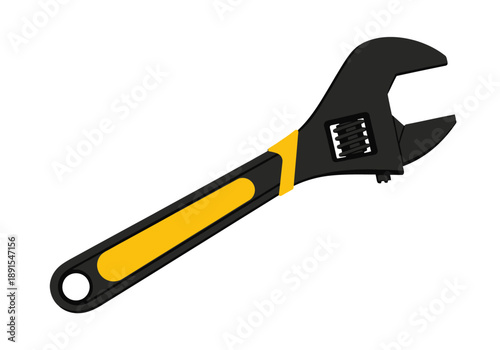 Adjustable wrench with yellow and black handle.