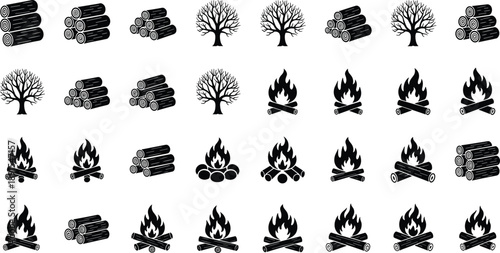 Campfire, tree, and log icon grid with visual sequence pattern, vector illustration, editable design, isolated nature symbols