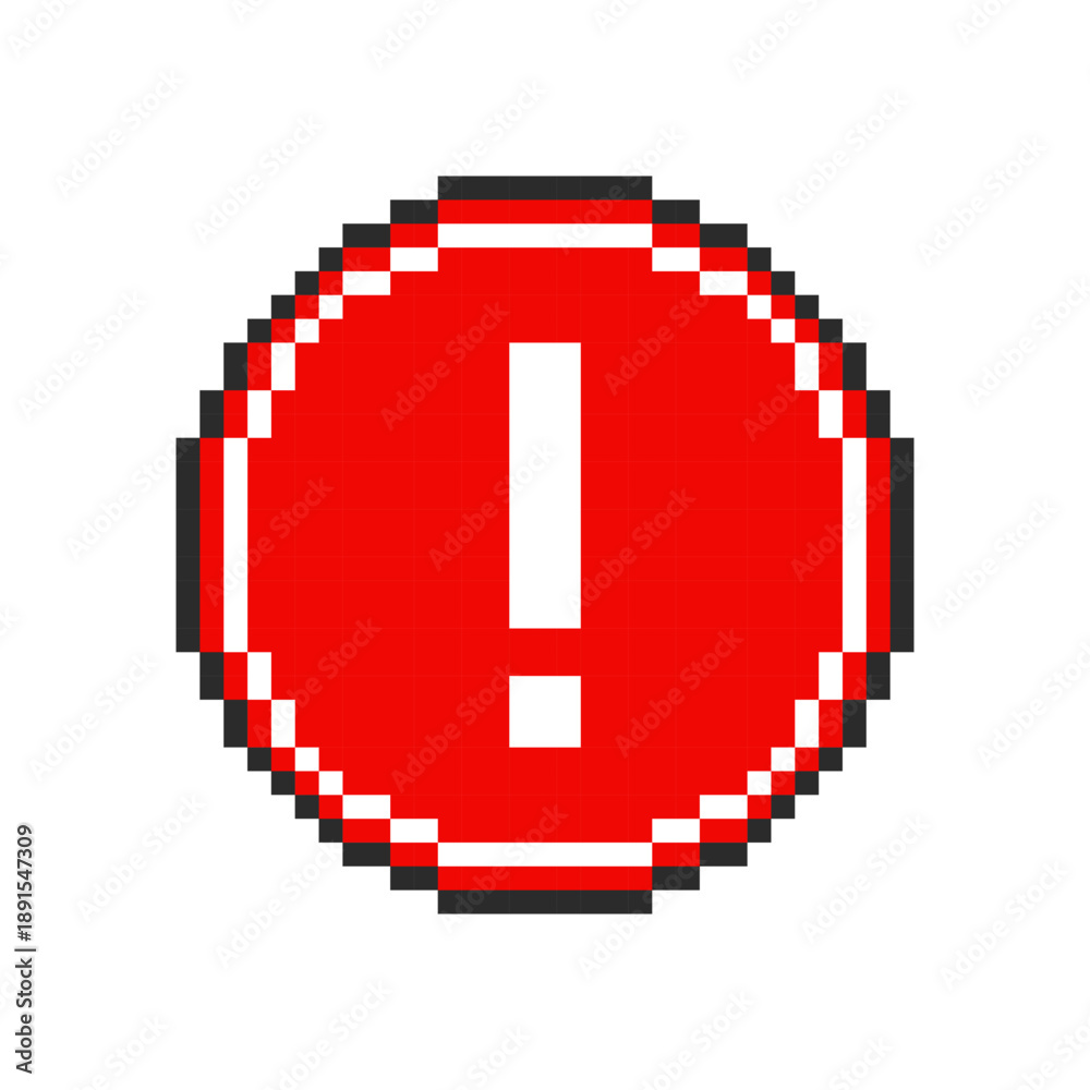 Obraz premium Warning exclamation mark pixel symbol. Vector illustration.