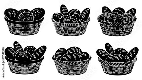 Six Baskets of Freshly Baked Bread, Assortment of Loaves and Rolls, Black and White Illustration