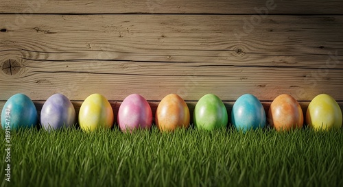 Colorful easter eggs on green grass against wooden background