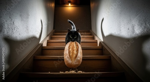 Dramatic cat portrait with bread on a staircase.