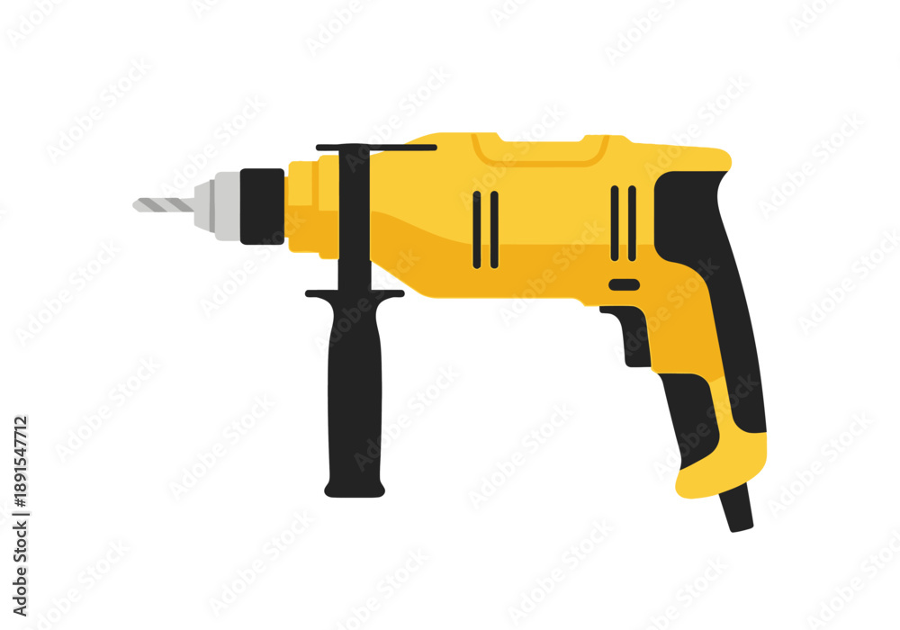 Fototapeta premium Yellow Power Drill with Auxiliary Handle and Drill Bit.