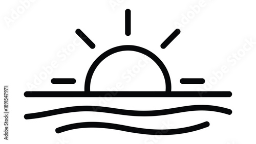 Sunrise and sunset icon over sea waves in minimal outline style representing nature, travel, relaxation and scenic horizon concept
