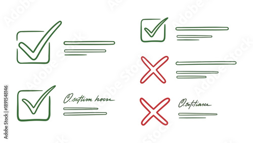 Checkmarks and Crosses in a Grid: A simple yet effective visual representation showcasing the concept of choices, decisions, and selections, with vibrant green checkmarks and striking red crosses.