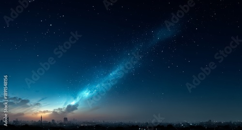 The sky is a deep blue with a bright, glowing moon and a multitude of stars scattered throughout. A long. Below