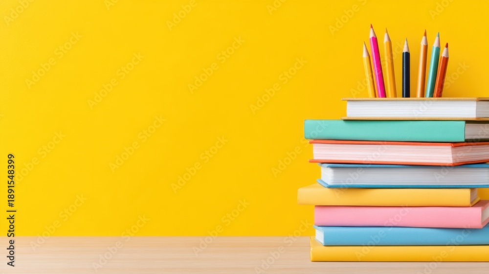 Fototapeta premium Claymorphism education background, stack of soft books and a pencil in the bottom corner, matte texture, pastel yellow background, copy space