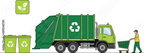 Garbage truck collecting recyclable waste with bins and worker, eco friendly recycling service, waste management, sustainability, environmental protection illustration