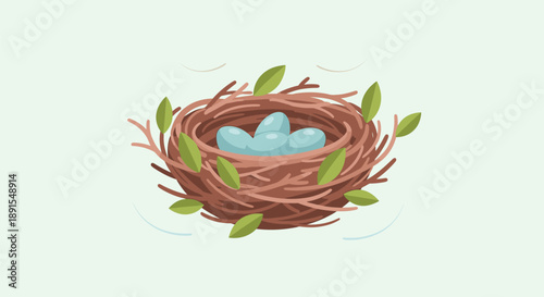 Bird's nest with eggs surrounded by leaves, illustration of a natural scene from a top viewpoint