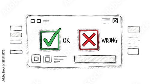 Decision Making Interface: A digital interface displays a crucial decision point, presenting choices symbolized by a green checkmark indicating OK and a red X signaling WRONG.