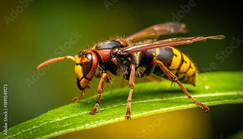 Close up macro shot of a European hornet insect on a green leaf.