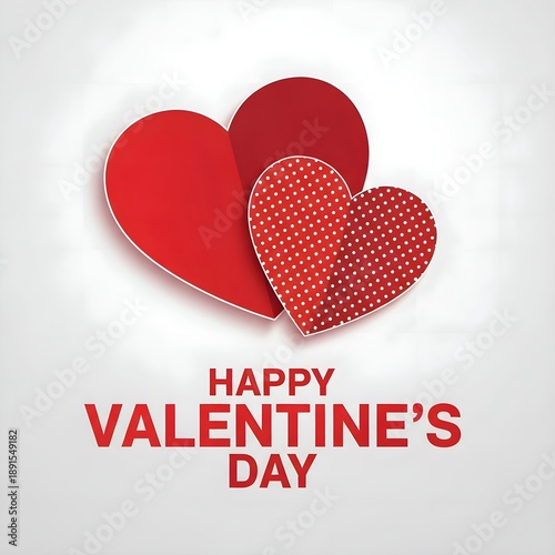 Happy Valentines Day Card: Red paper cut heart and polka dot heart on light gray background, modern minimalist design, flat lay holiday greeting and romance concept