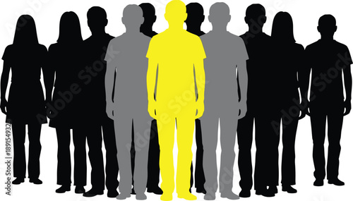 Individual standing out from crowd, leadership and uniqueness concept, highlighted person among silhouettes, teamwork diversity, flat vector illustration